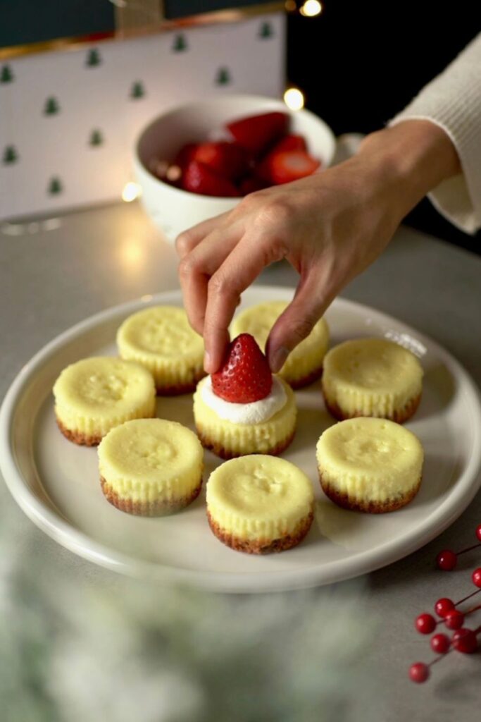 baker preparing cupcakes with strawberries
