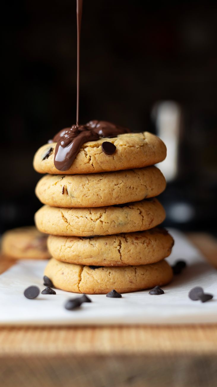 close up of chocolate being poured onto a stack of chocolate chip cookies