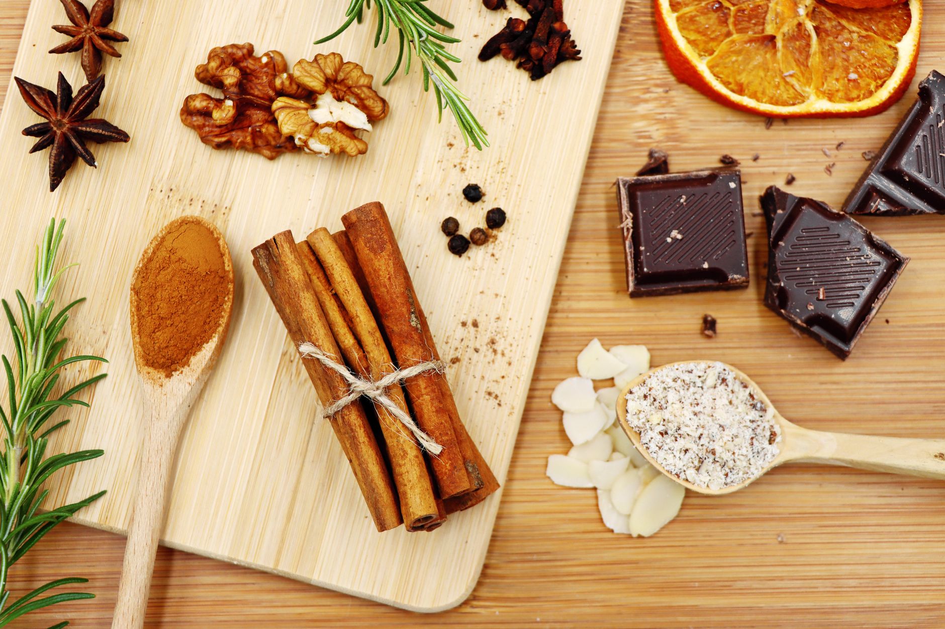 flat lay of baking ingredients on wooden surface