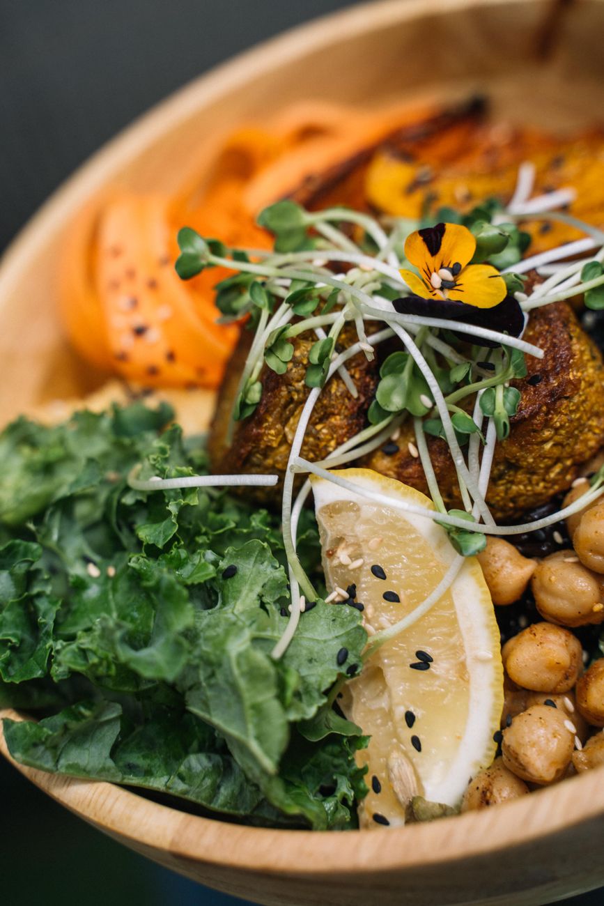 food on a wooden bowl