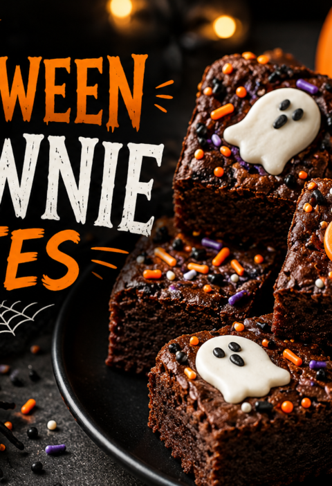 Festive Halloween brownie bites topped with colorful sprinkles, ghost and pumpkin decorations, surrounded by pumpkins and spiderwebs on a dark spooky background.”