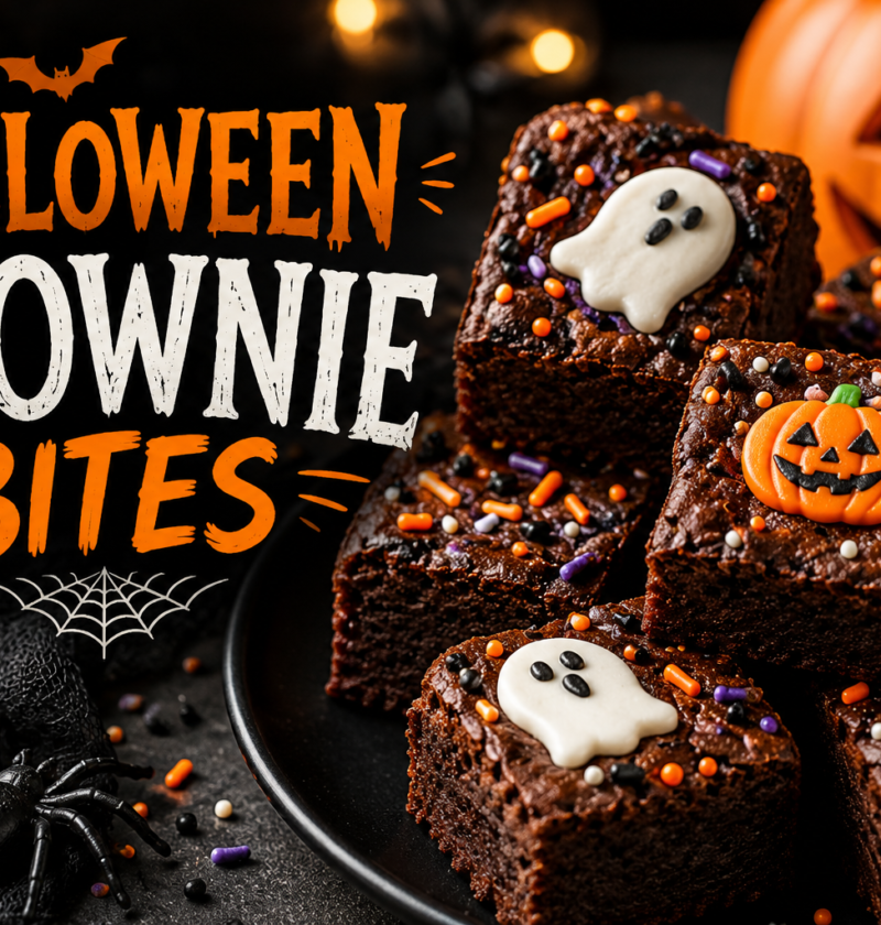 Festive Halloween brownie bites topped with colorful sprinkles, ghost and pumpkin decorations, surrounded by pumpkins and spiderwebs on a dark spooky background.”