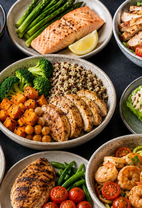 Overhead spread of colorful high-protein meals including grilled chicken, salmon, shrimp, quinoa, vegetables, salad, omelet, and yogurt with berries, arranged on dark slate plates and bowls.”