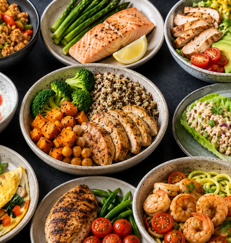 Overhead spread of colorful high-protein meals including grilled chicken, salmon, shrimp, quinoa, vegetables, salad, omelet, and yogurt with berries, arranged on dark slate plates and bowls.”