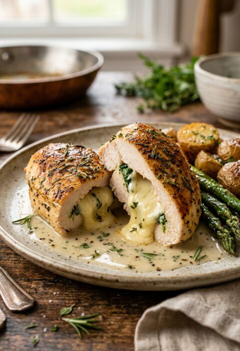 Golden-brown chicken breasts stuffed with melted creamy Brie cheese, sliced open and served with roasted asparagus, baby potatoes, fresh herbs, and creamy pan sauce on a white plate.”