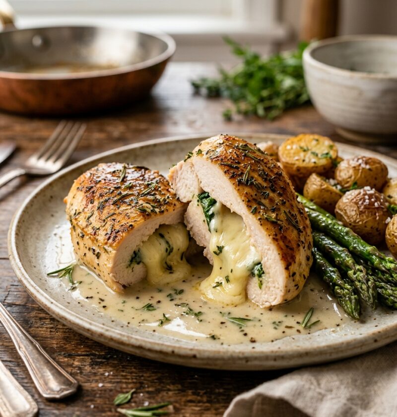 Golden-brown chicken breasts stuffed with melted creamy Brie cheese, sliced open and served with roasted asparagus, baby potatoes, fresh herbs, and creamy pan sauce on a white plate.”