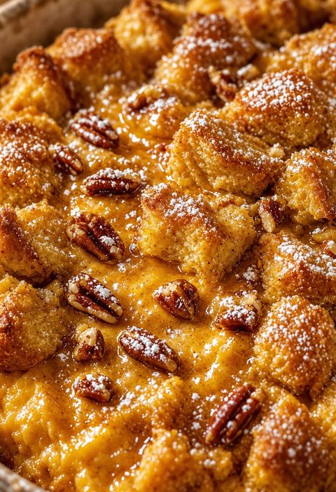 Pumpkin French toast casserole with golden-brown bread, creamy pumpkin custard, maple syrup, powdered sugar, and toasted pecans in a baking dish.