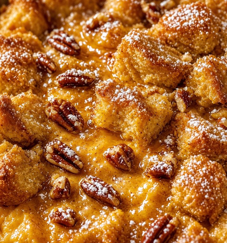 Pumpkin French toast casserole with golden-brown bread, creamy pumpkin custard, maple syrup, powdered sugar, and toasted pecans in a baking dish.