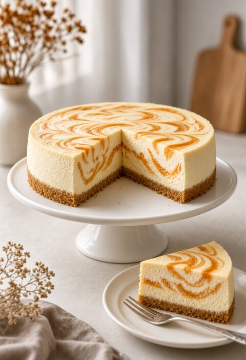 Whole no-bake pumpkin swirl cheesecake on a white cake stand