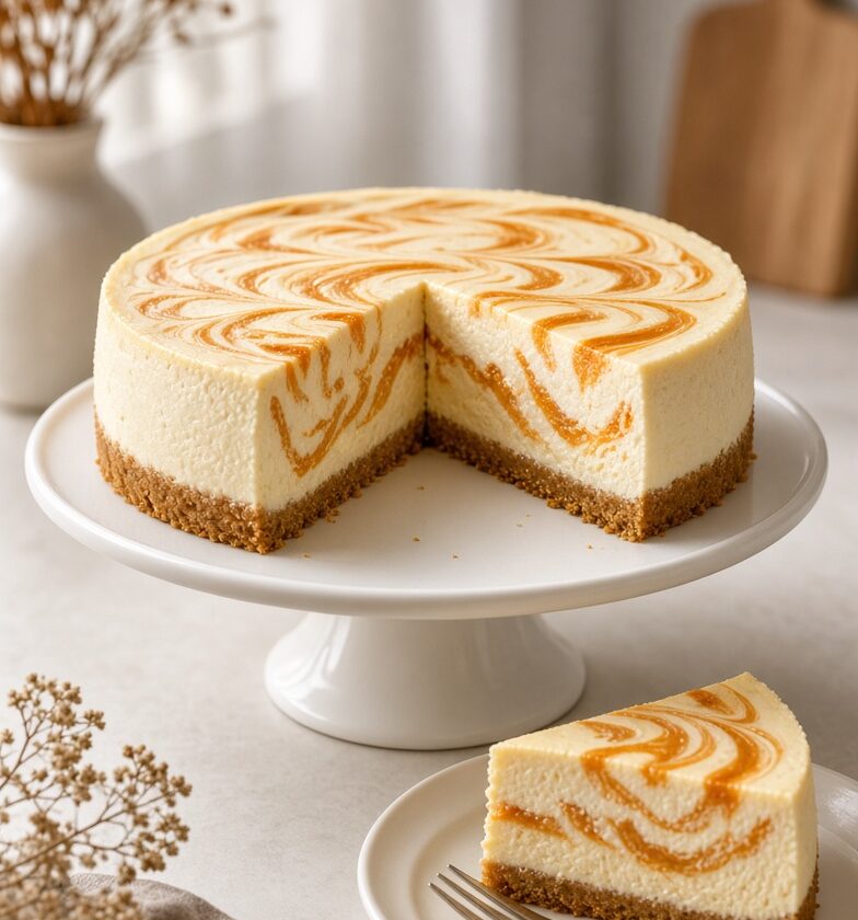 Whole no-bake pumpkin swirl cheesecake on a white cake stand