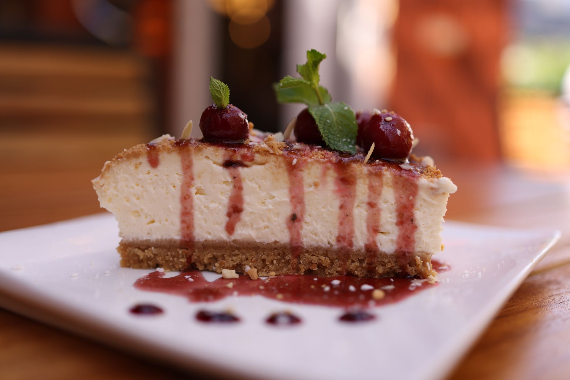 delicious cherry cheesecake slice on plate